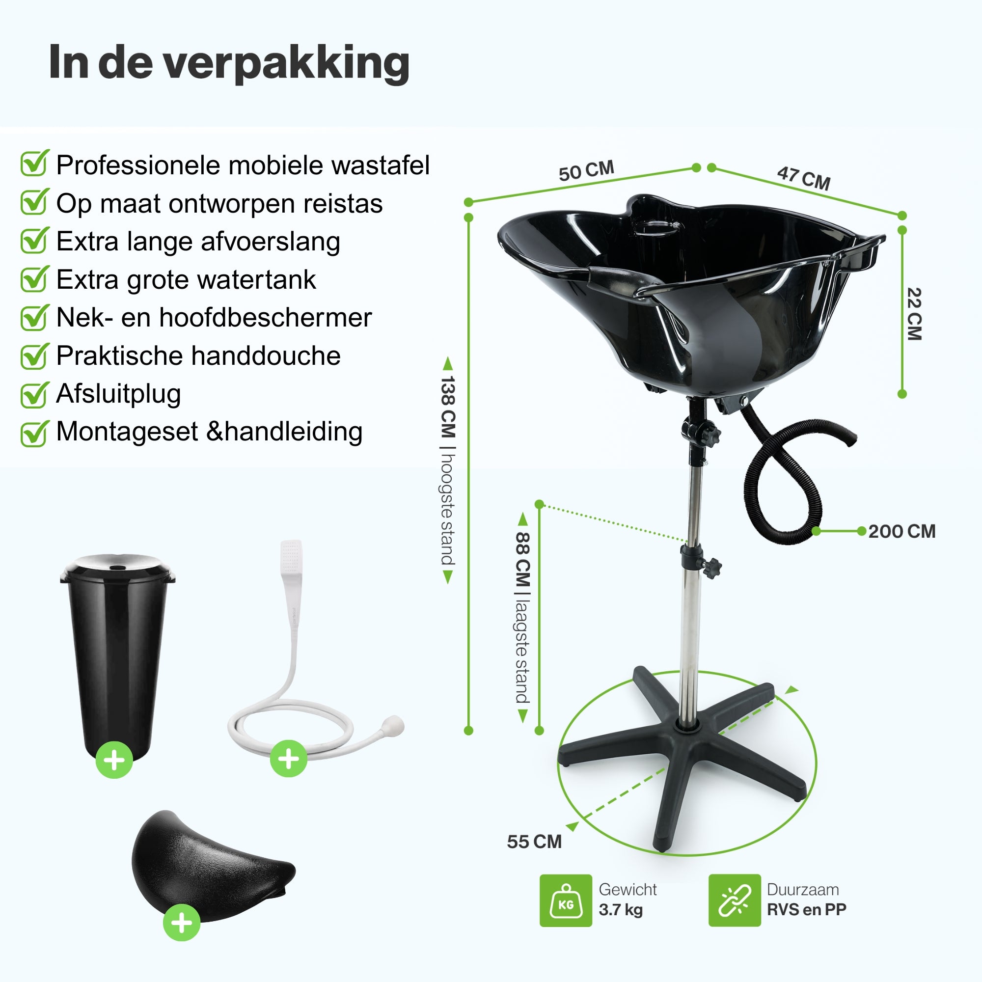 Cosmeticall mobiele wastafel met reistas, watertank, handdouche en neksteun - Voor langere haren