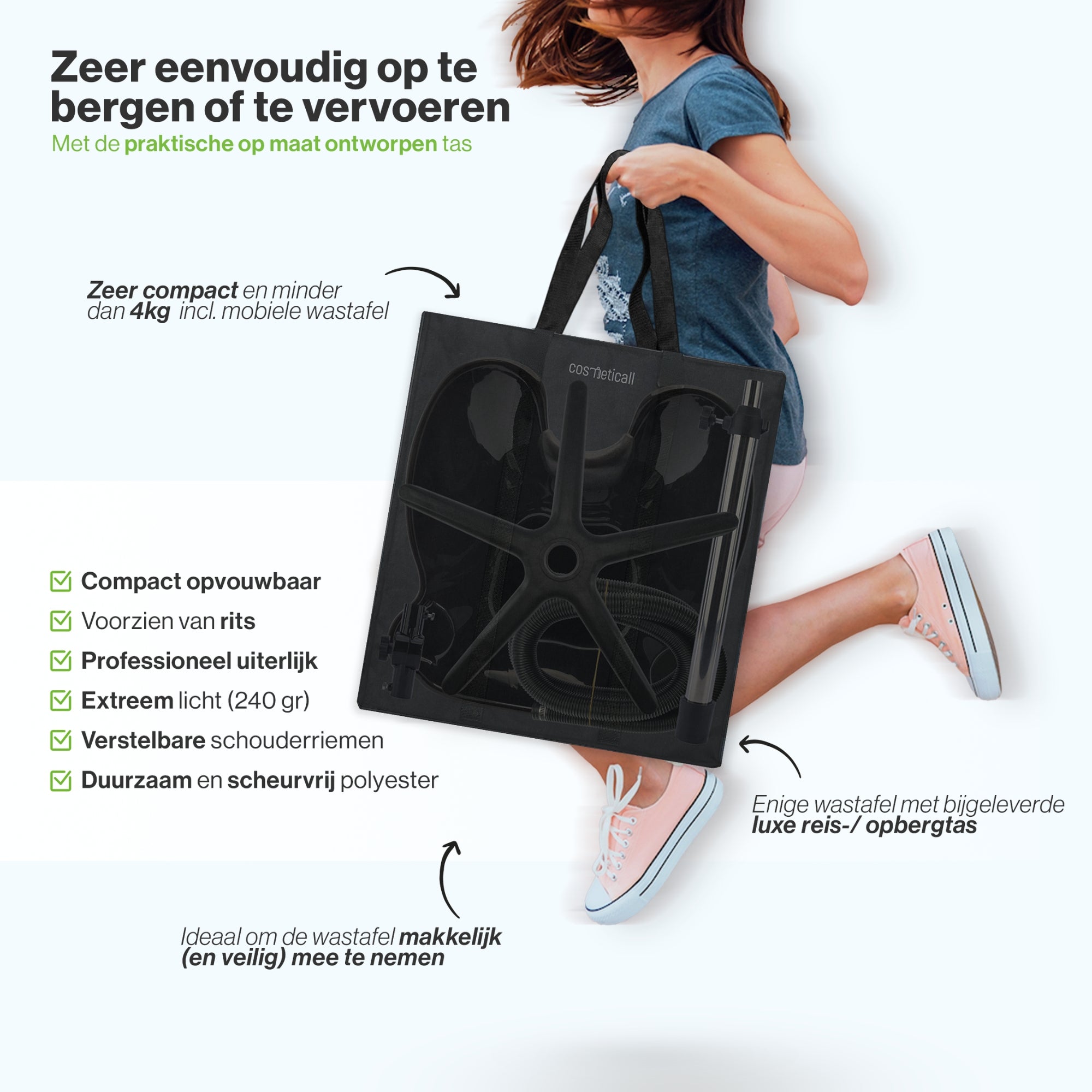 Cosmeticall mobiele wastafel met reistas, watertank, handdouche en neksteun - Voor langere haren