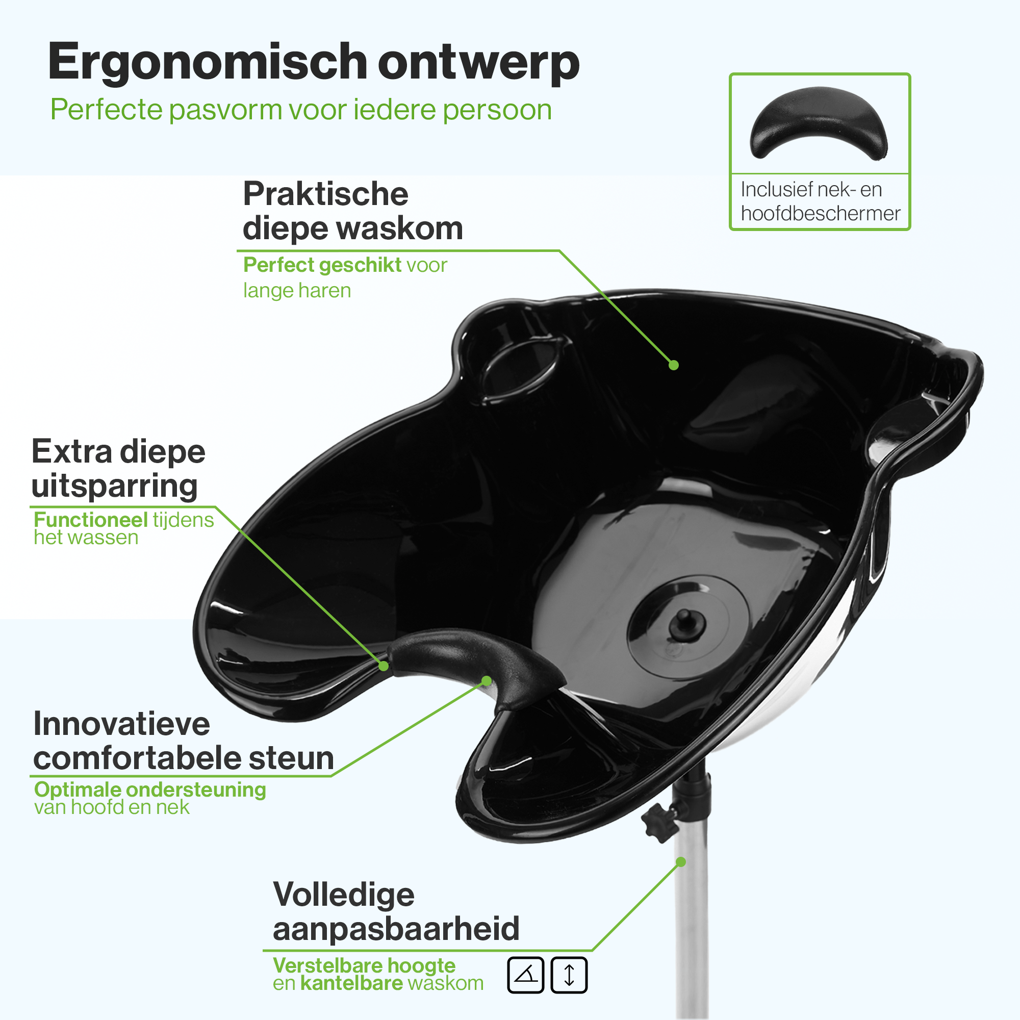 Cosmeticall mobiele wastafel met reistas, watertank, handdouche en neksteun - Voor langere haren
