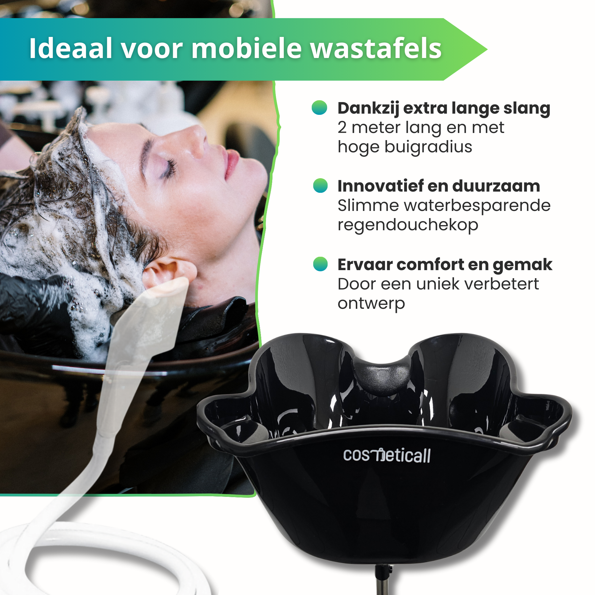 De extra lange handdouche is ideaal in combinatie met mobiele wastafels