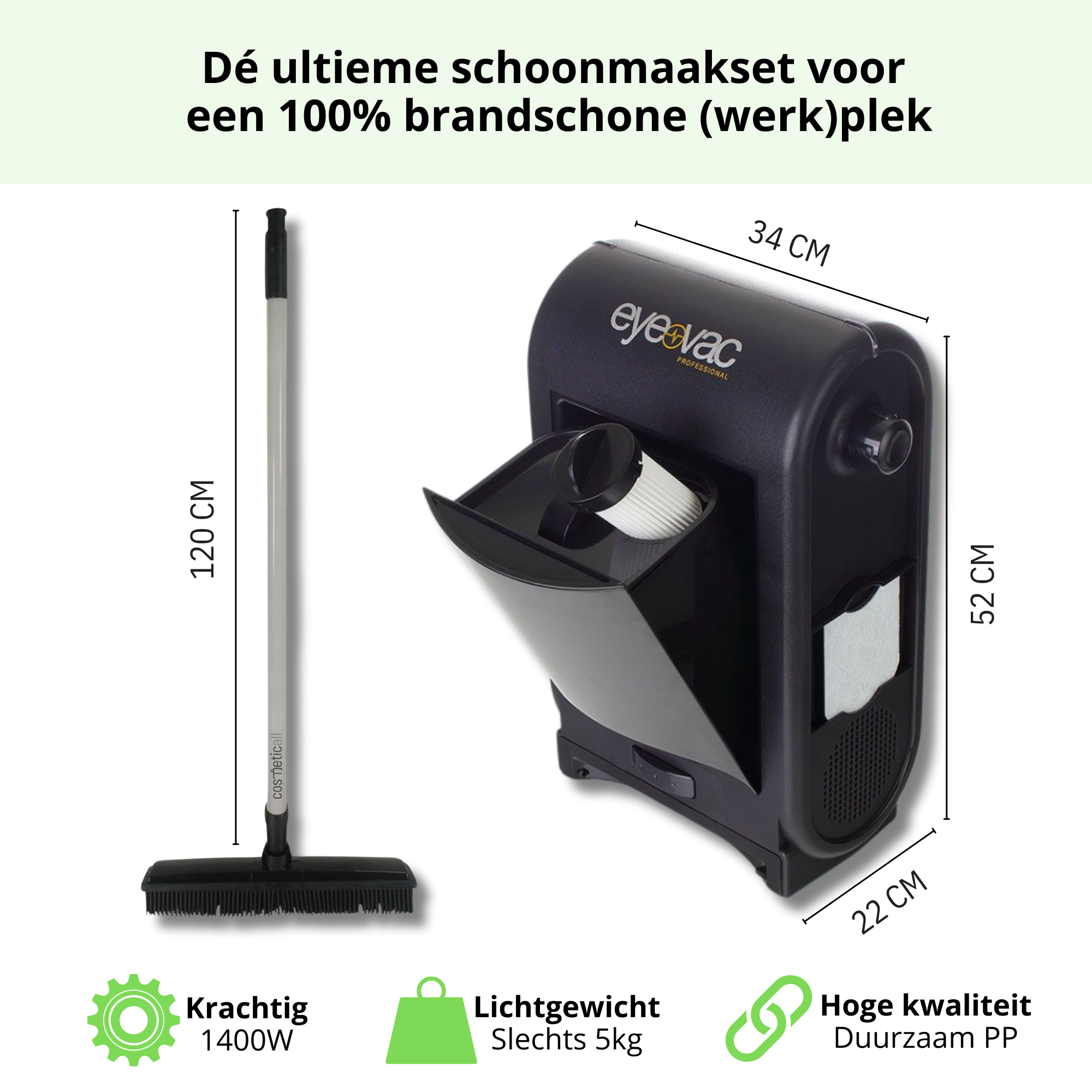 Technische specificaties: krachtige 1400W motor, lichtgewicht (slechts 5 kg), gemaakt van duurzaam PP en compacte afmetingen voor een praktisch gebruik