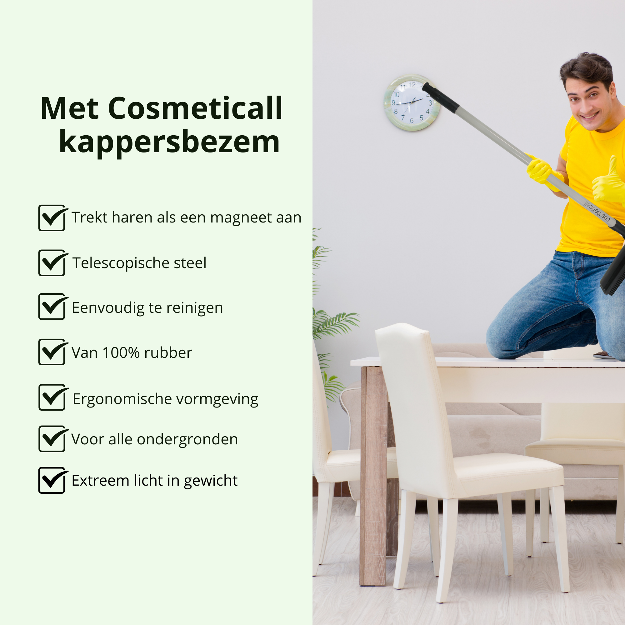 De EyeVac Pro haarstofzuiger wordt geleverd met een hoogwaardige kappersbezem. Deze heeft een telescopische steel, is gemaakt van 100% natuurlijk rubber, ergonomisch ontworpen, geschikt voor alle ondergronden en is extreem licht in gewicht.