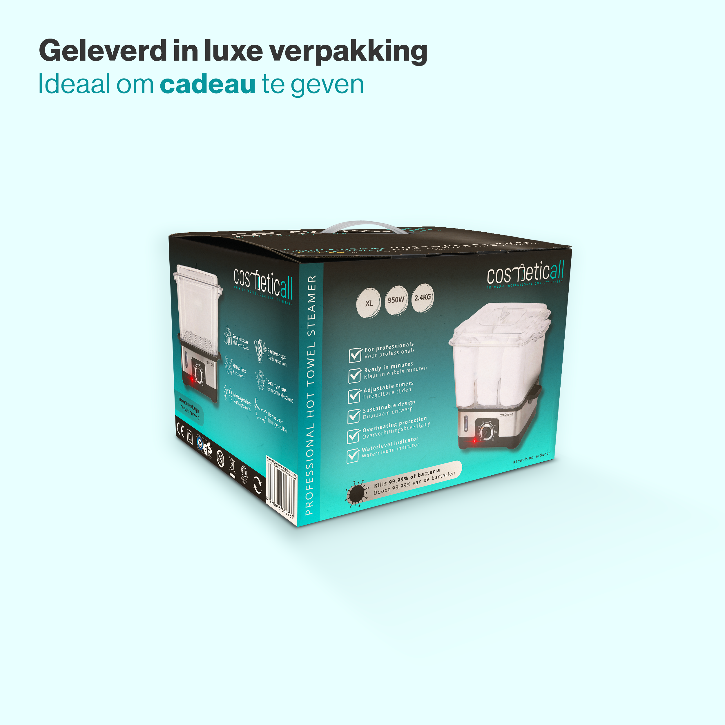 De handdoekstomer wordt geleverd in een luxe verpakking, ideaal om cadeau te geven