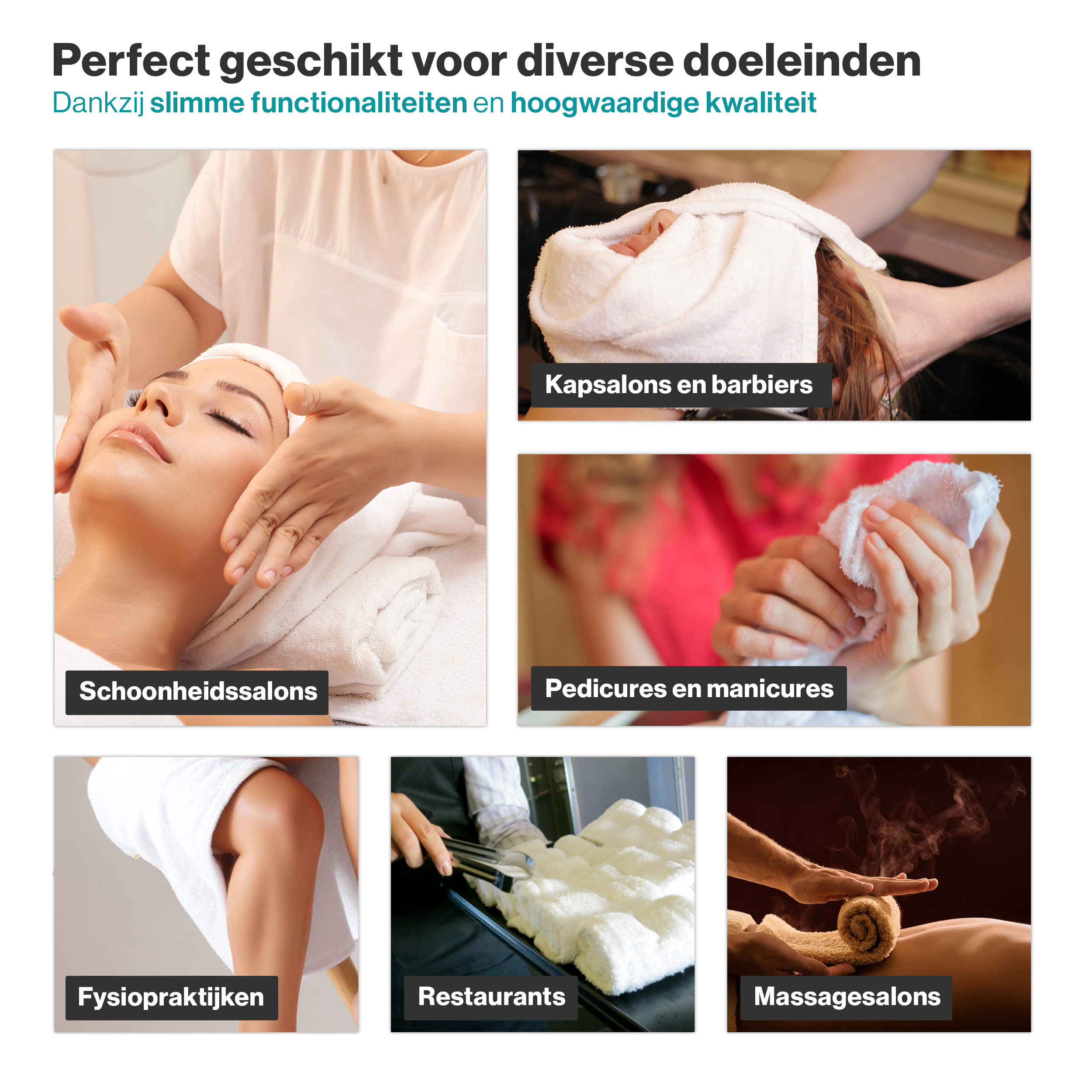 De handdoek verwarmer is perfect voor kleinere schoonheidssalons, kapsalons en barbiers, pedicures en manicures, fysiopraktijken, restaurants en massagesalons