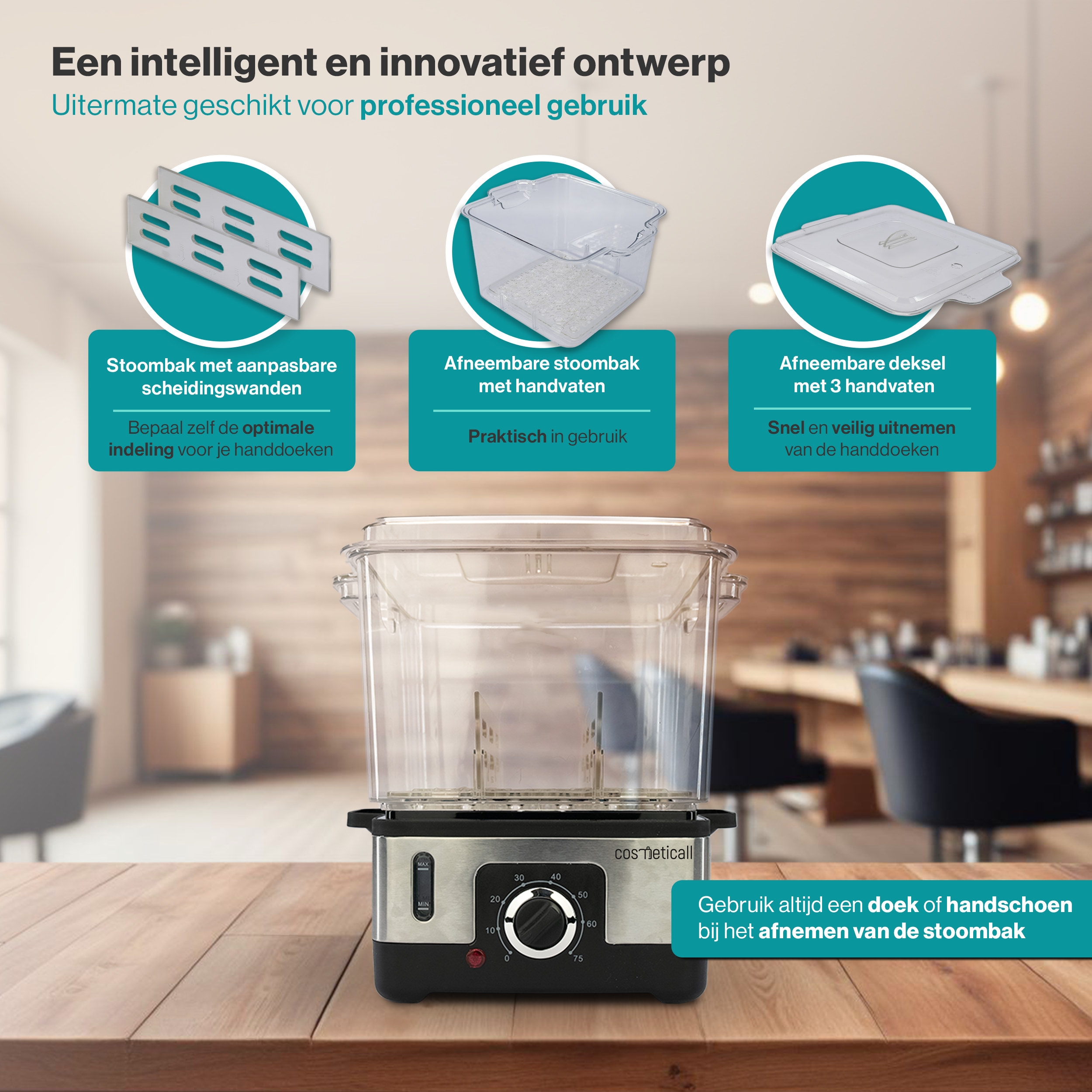 Handdoekverwarmer met innovatief ontwerp, inclusief afneembare stoombak met handvaten en aanpasbare scheidingswanden voor eenvoudig en veilig gebruik