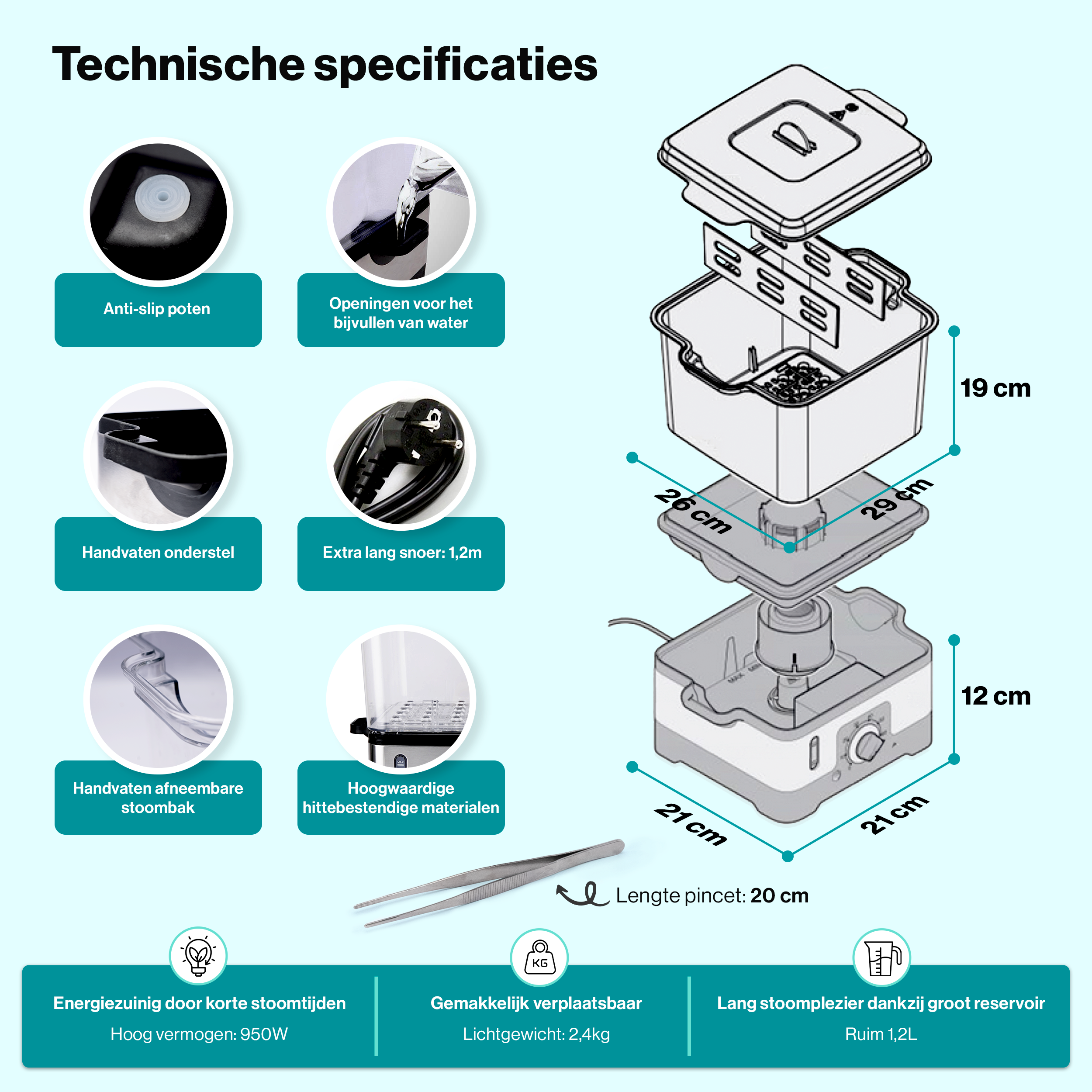 Technische specificaties van de handdoekverwarmer: hoog vermogen, uitgekiende afmetingen, korte stoomtijden en biedt lang stoomplezier door een groot waterreservoir