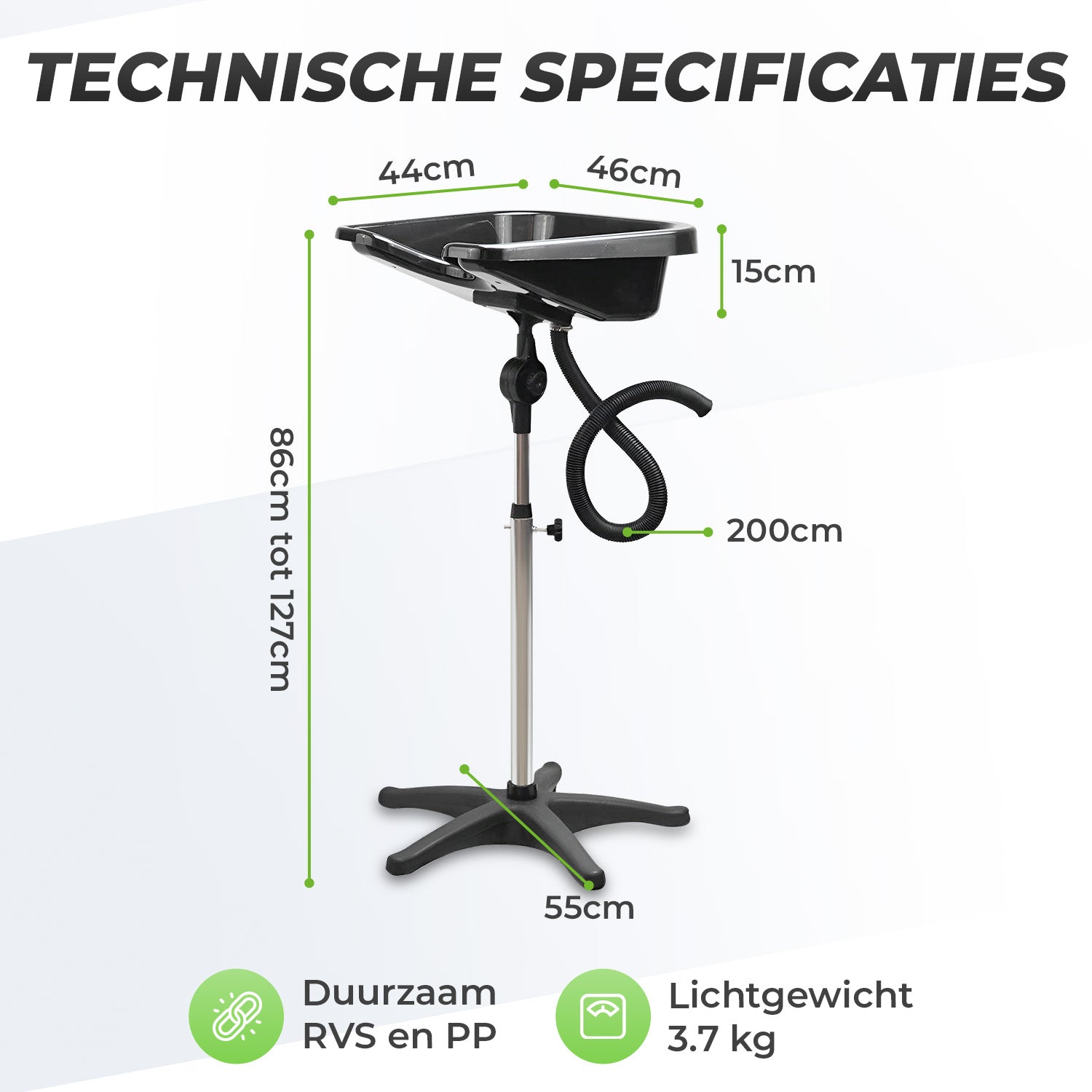 Technische specificaties van de mobiele wasbak: duurzaam RVS en PP, lichtgewicht (3.7 kg), uitgekiende afmetingen voor een praktisch gebruik