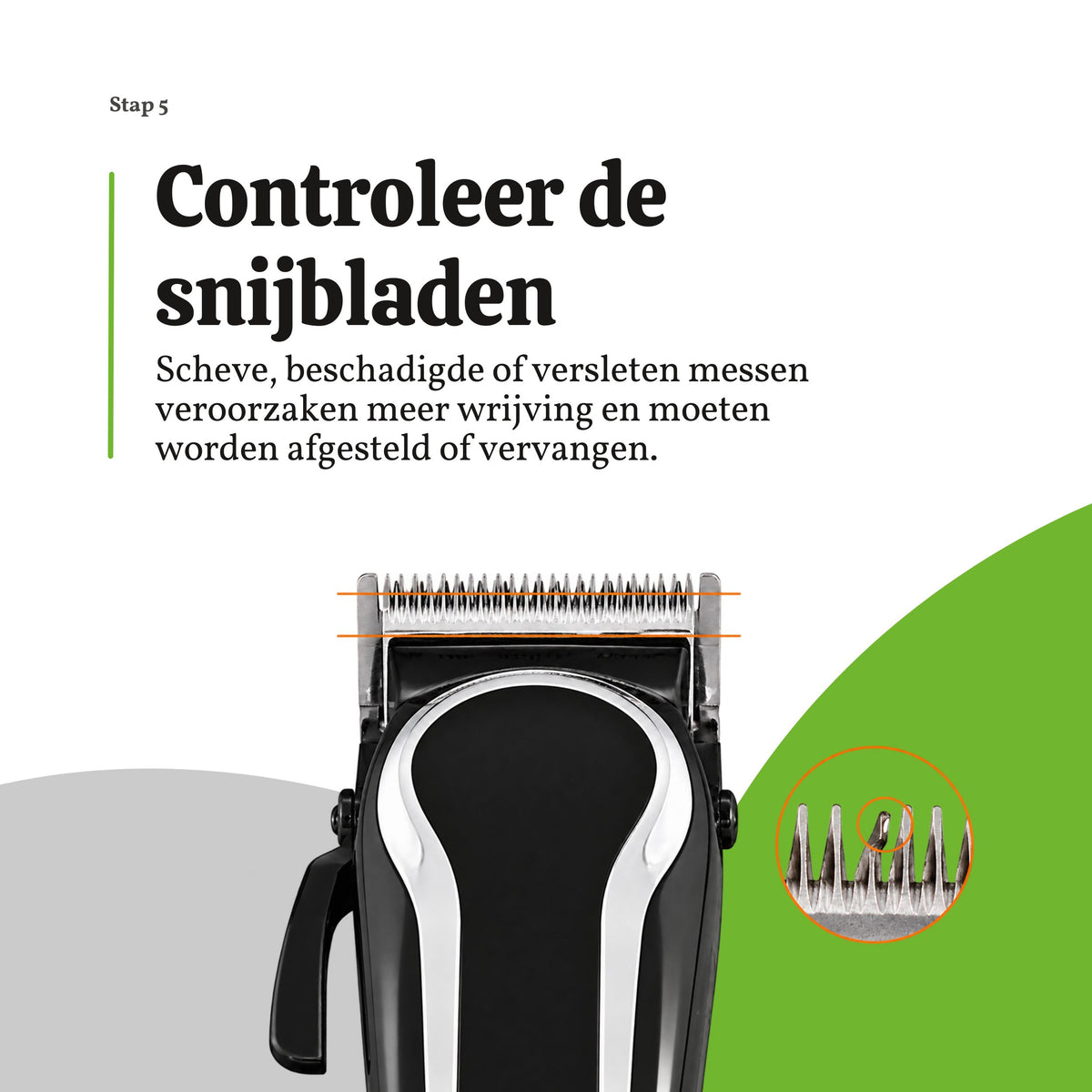 Tondeusemessen controleren op een scheve stand, slijtage en beschadigingen