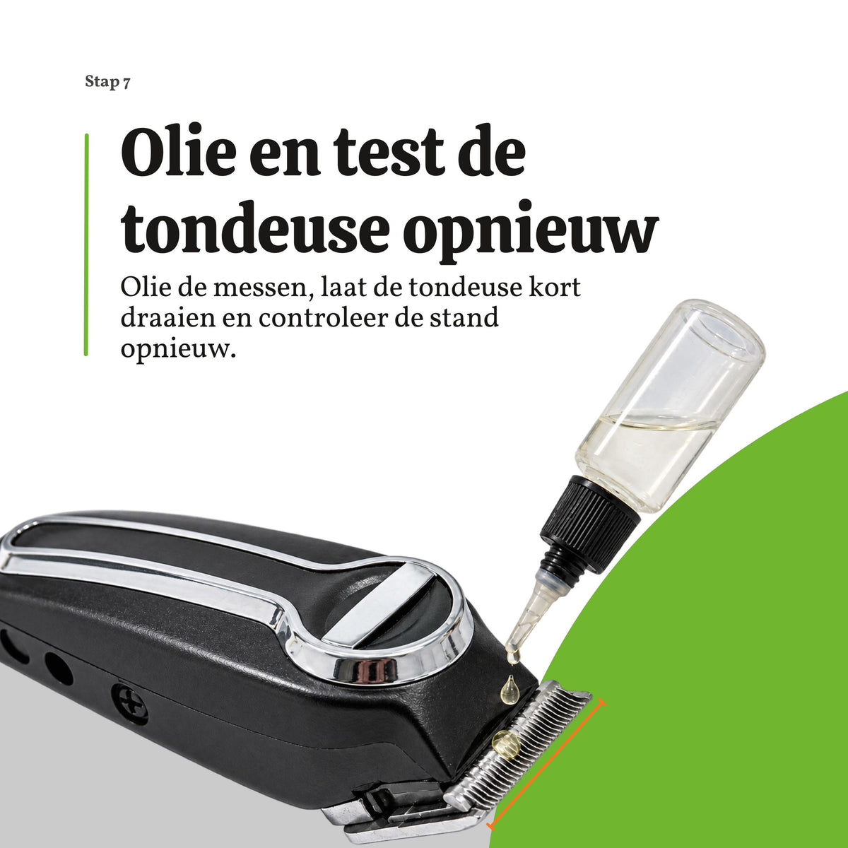 Tondeuseolie aanbrengen en de afgestelde messen opnieuw controleren